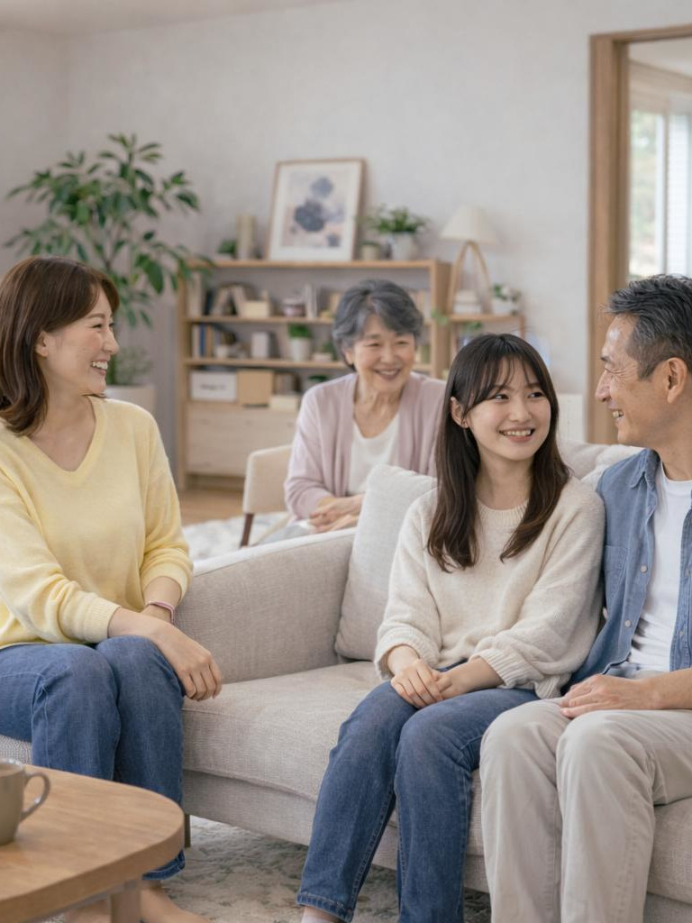 リビングでくつろぐ三世代家族