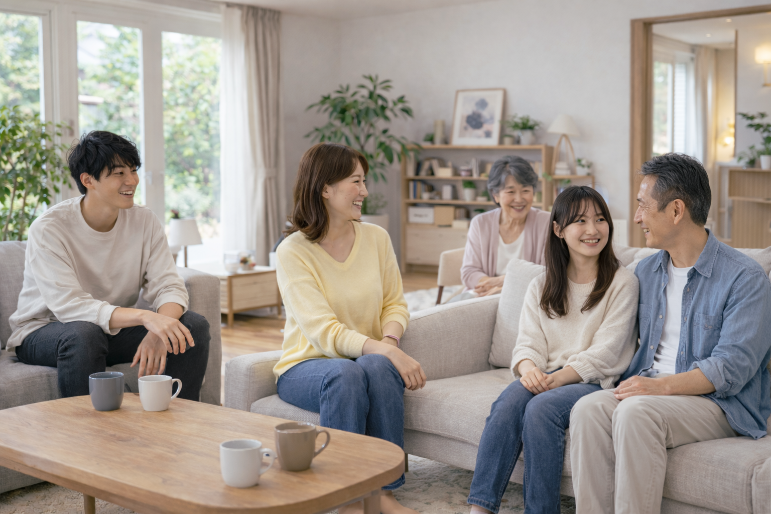 リビングでくつろぐ三世代家族