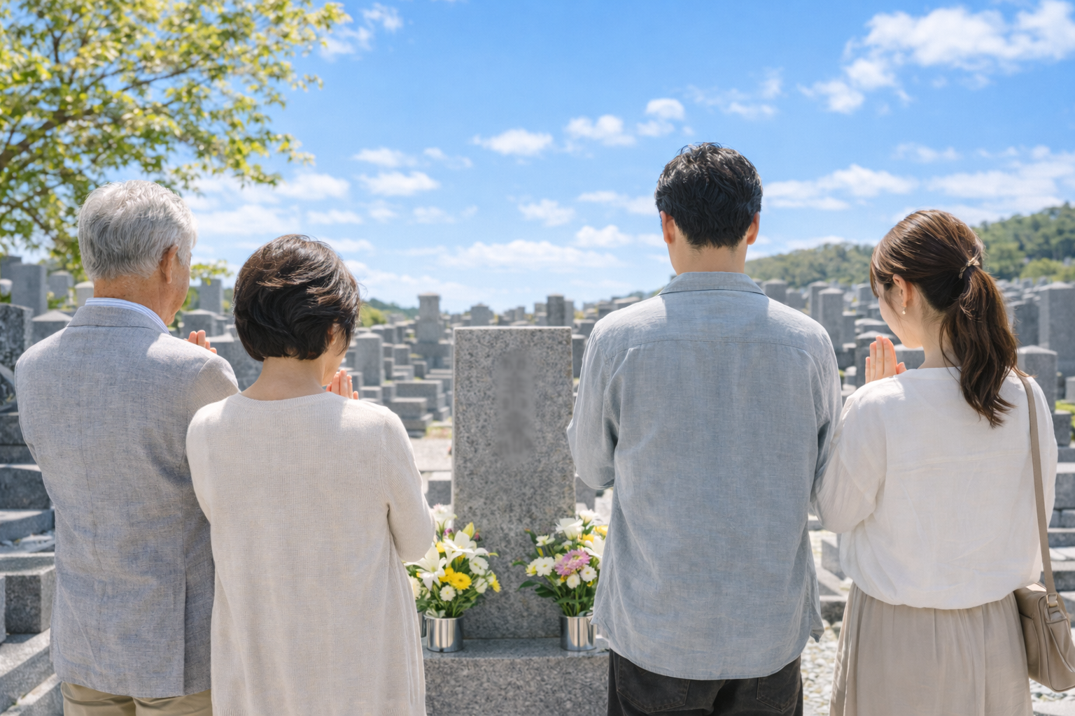 墓参りをする家族