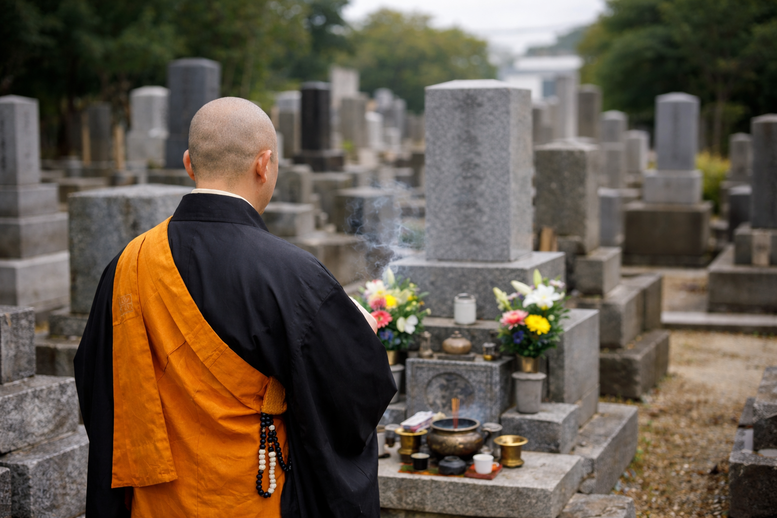 僧侶が墓前で読経する様子