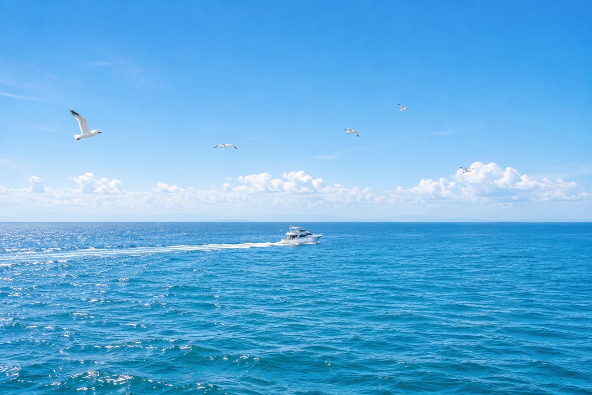 沖合を進む船と海鳥